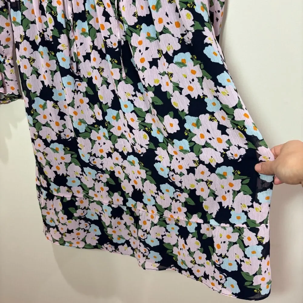 J Crew Black Pink Floral Dress S Long Sleeves A-line Romantic Career Office
